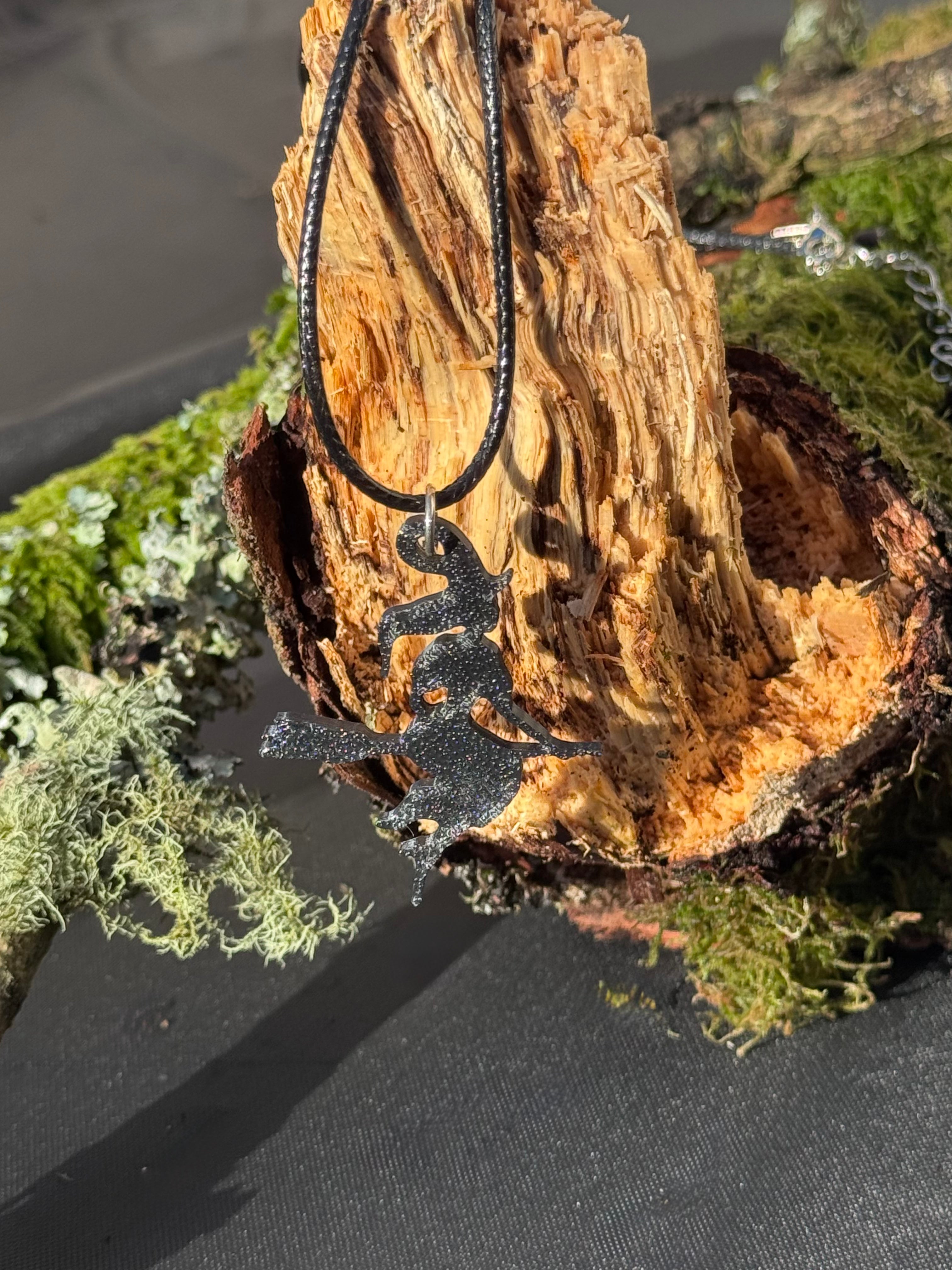 3D printed, witch on a broom necklace