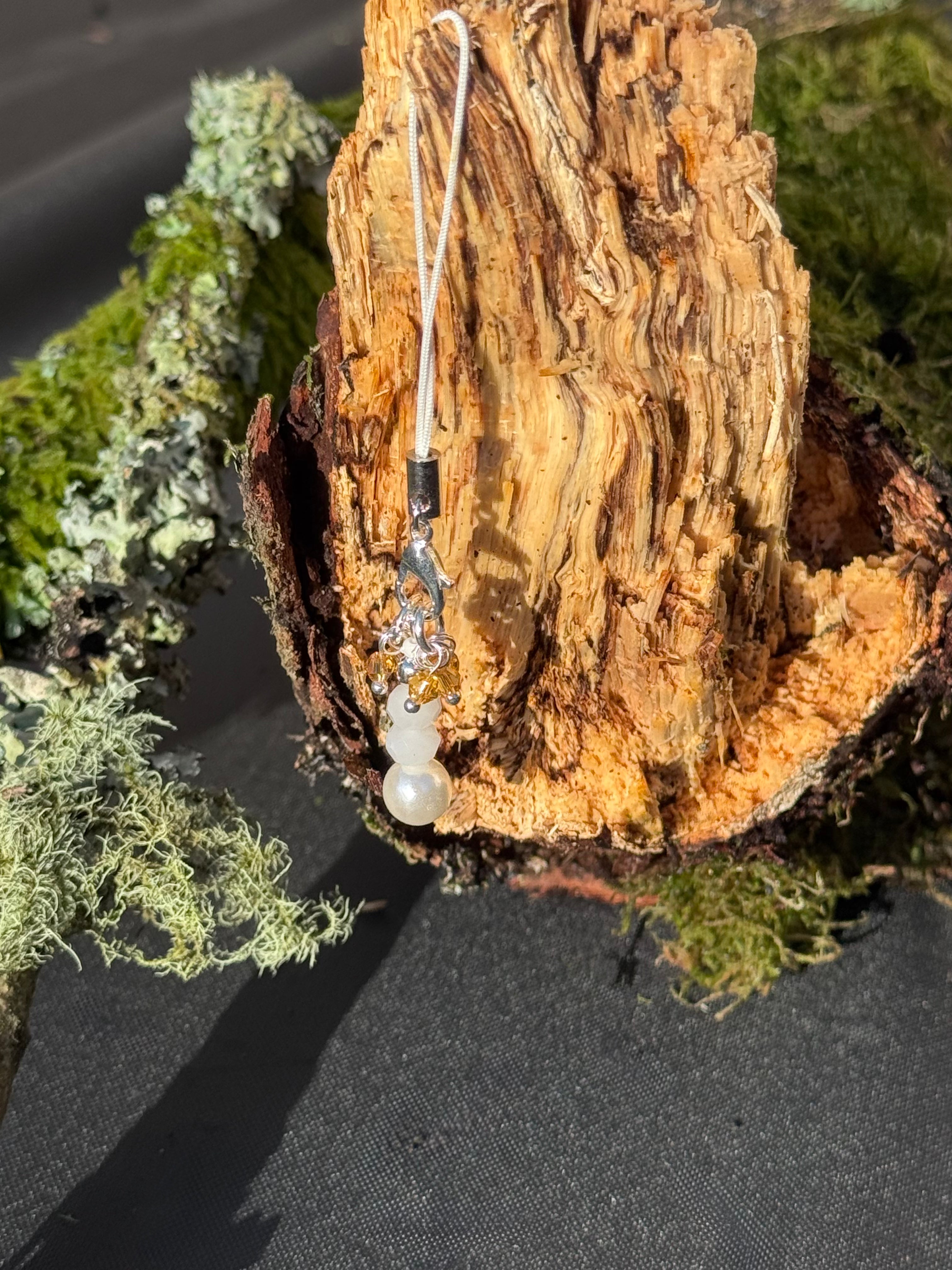 White beaded, mobile phone charm